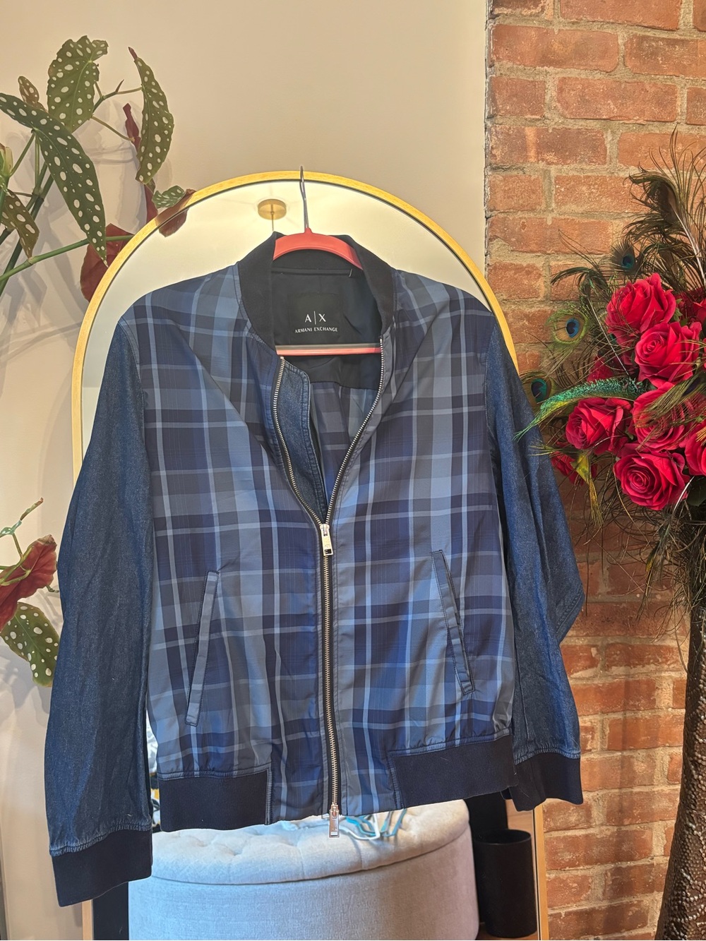 Armani Exchange Navy Plaid Bomber Jacket with Denim-Style Sleeves